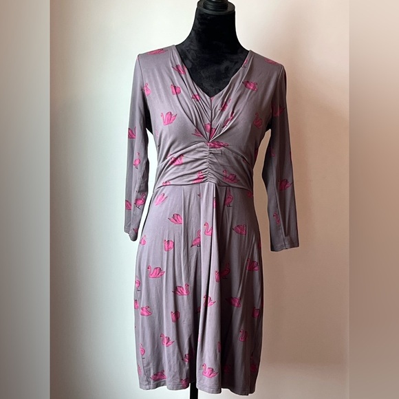 Boden Gray Ruched Sheath Dress with Pink Swans - Picture 3 of 16